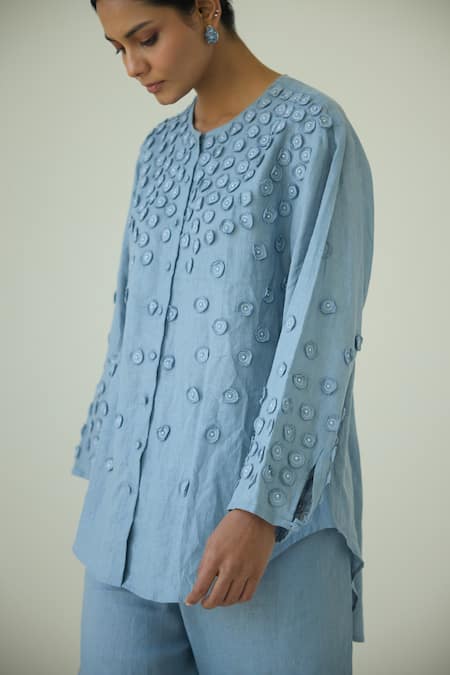 Shop Nirvanaa_Blue Linen Applique Collared Circle Button Down Shirt _Online_at_Aza_Fashions