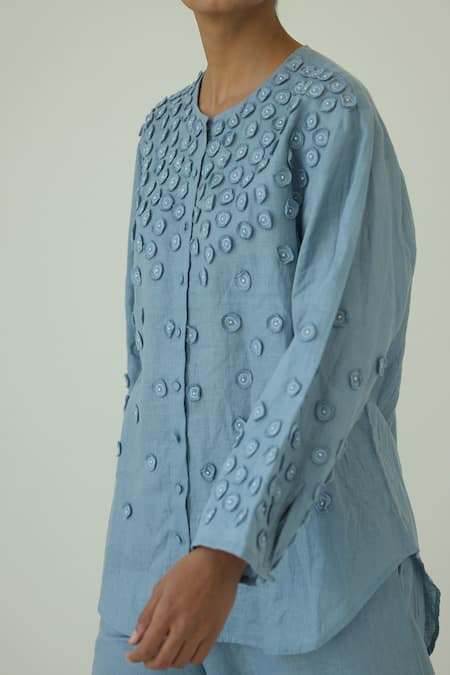 Buy_Shop Nirvanaa_Blue Linen Applique Collared Circle Button Down Shirt _Online_at_Aza_Fashions