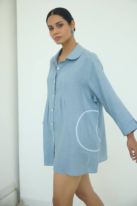 Shop Nirvanaa_Blue Linen Embroidery Collared Thread Shirt _Online_at_Aza_Fashions