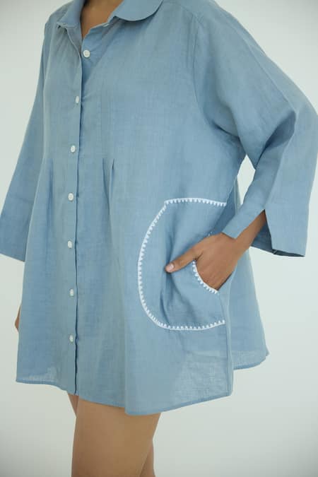Buy_Shop Nirvanaa_Blue Linen Embroidery Collared Thread Shirt _Online_at_Aza_Fashions