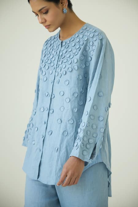 Shop Nirvanaa_Blue Linen Embroidery Round Neck French Knot Applique Shirt _Online_at_Aza_Fashions