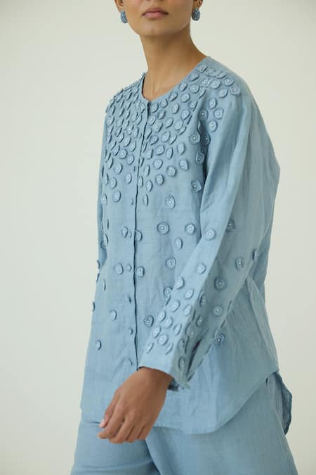 Buy_Shop Nirvanaa_Blue Linen Embroidery Round Neck French Knot Applique Shirt _Online_at_Aza_Fashions
