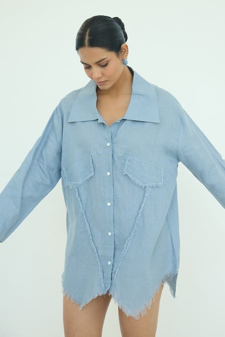 Shop Nirvanaa Fringed Hem Kantha Stitch Shirt 