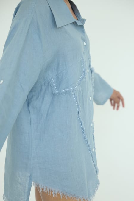 Shop Nirvanaa_Blue Linen Fringe Collared Hem Kantha Stitch Shirt _Online_at_Aza_Fashions