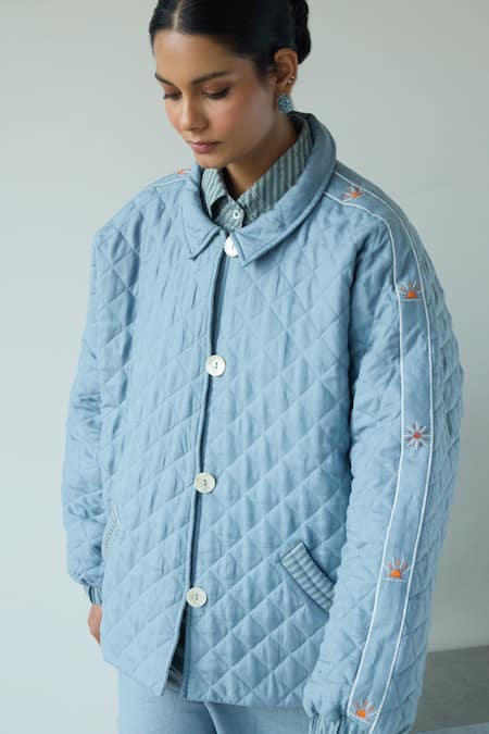 Shop Nirvanaa_Blue Linen Embroidery Collared Quilted Sun Jacket _Online_at_Aza_Fashions