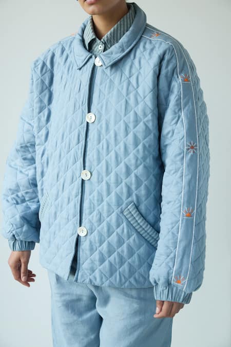 Buy_Shop Nirvanaa_Blue Linen Embroidery Collared Quilted Sun Jacket _Online_at_Aza_Fashions