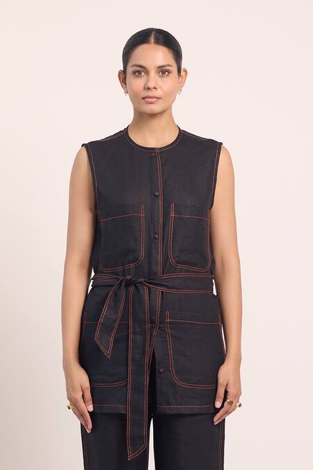 Buy_Shop Nirvanaa_Black Linen Embroidery Round Neck Stitch Top And Pant Set _Online_at_Aza_Fashions