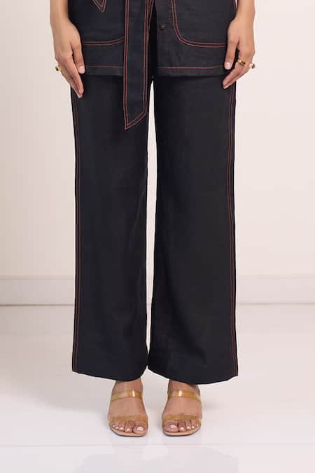 Shop_Shop Nirvanaa_Black Linen Embroidery Round Neck Stitch Top And Pant Set _Online_at_Aza_Fashions