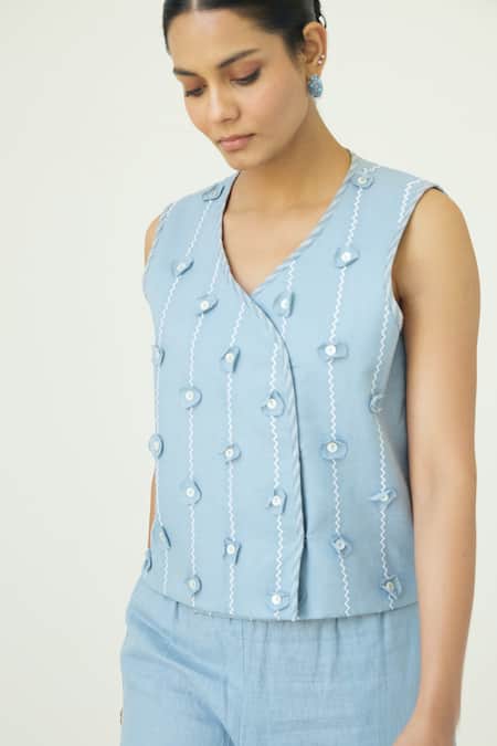 Shop Nirvanaa_Blue Linen V-neck Circle Applique Embroidered Vest _Online_at_Aza_Fashions