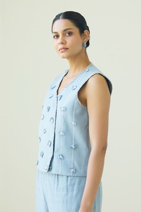 Buy_Shop Nirvanaa_Blue Linen V-neck Circle Applique Embroidered Vest _Online_at_Aza_Fashions