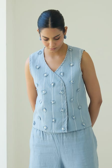 Shop Nirvanaa_Blue Linen Applique V-neck Circular Vest And Pant Set _Online_at_Aza_Fashions