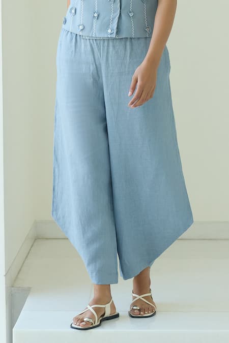 Buy_Shop Nirvanaa_Blue Linen Applique V-neck Circular Vest And Pant Set _Online_at_Aza_Fashions