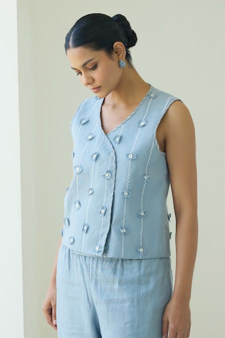 Shop_Shop Nirvanaa_Blue Linen Applique V-neck Circular Vest And Pant Set _Online_at_Aza_Fashions
