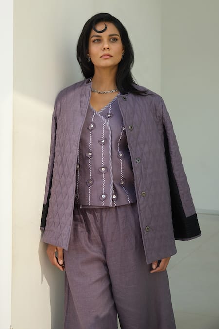 Shop Nirvanaa_Multi Color Linen Round Neck Multicolored Quilted Jacket With Belt _Online_at_Aza_Fashions