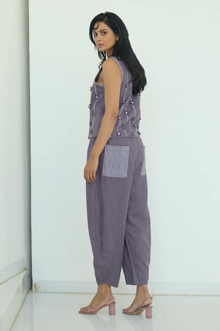 Shop Nirvanaa_Purple Linen Asymmetric Hem Pant _Online_at_Aza_Fashions