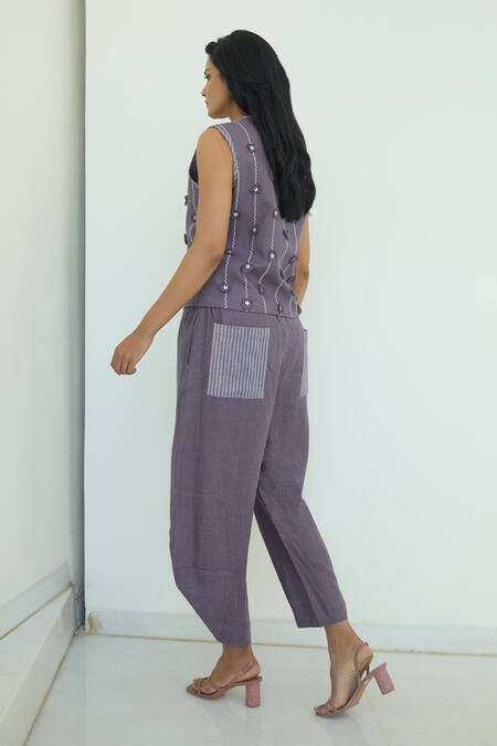 Buy_Shop Nirvanaa_Purple Linen Asymmetric Hem Pant _Online_at_Aza_Fashions