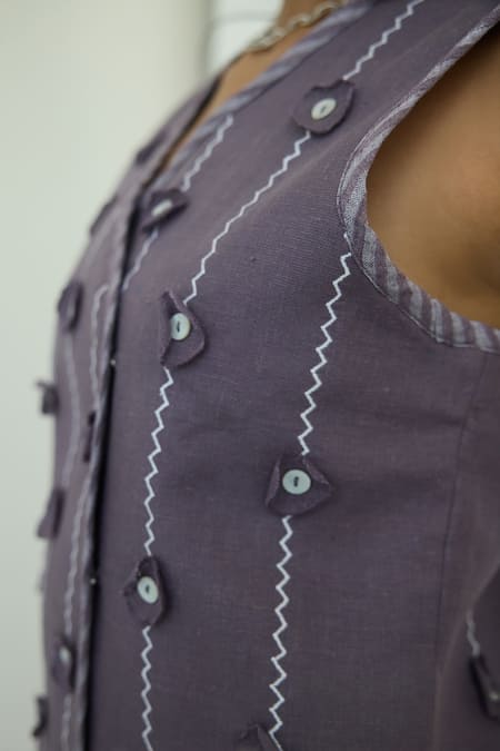 Shop Nirvanaa_Purple Linen V-neck Circle Applique Embroidered Vest _Online_at_Aza_Fashions