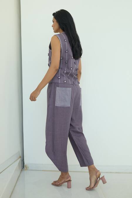 Shop Nirvanaa_Purple Linen Applique V-neck Circle Embroidered Vest And Pant Set _Online_at_Aza_Fashions