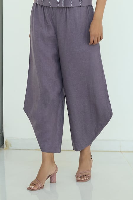 Buy_Shop Nirvanaa_Purple Linen Applique V-neck Circle Embroidered Vest And Pant Set _Online_at_Aza_Fashions