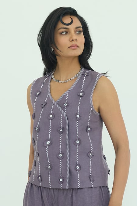 Shop_Shop Nirvanaa_Purple Linen Applique V-neck Circle Embroidered Vest And Pant Set _Online_at_Aza_Fashions