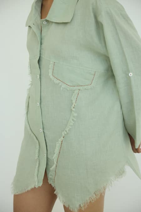 Shop Nirvanaa_Green Linen Fringe Collared Sage Asymmetric Hem Shirt _Online_at_Aza_Fashions