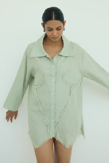 Buy_Shop Nirvanaa_Green Linen Fringe Collared Sage Asymmetric Hem Shirt _Online_at_Aza_Fashions