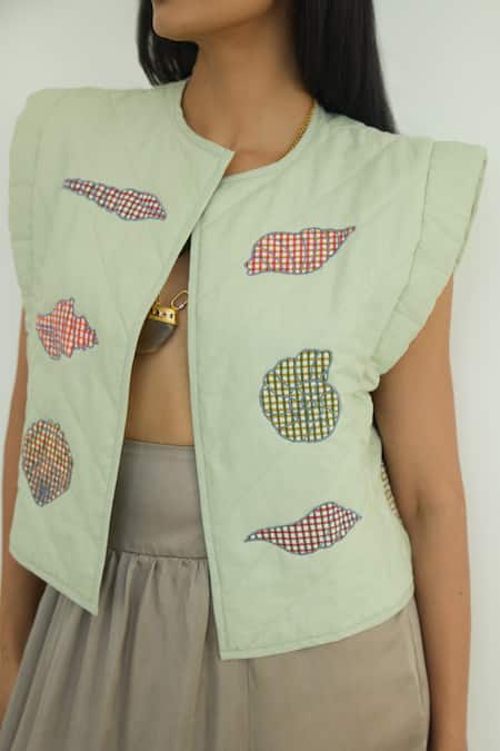 Buy_Shop Nirvanaa_Green Linen Round Neck Sage Structured Gilet Jacket _Online_at_Aza_Fashions