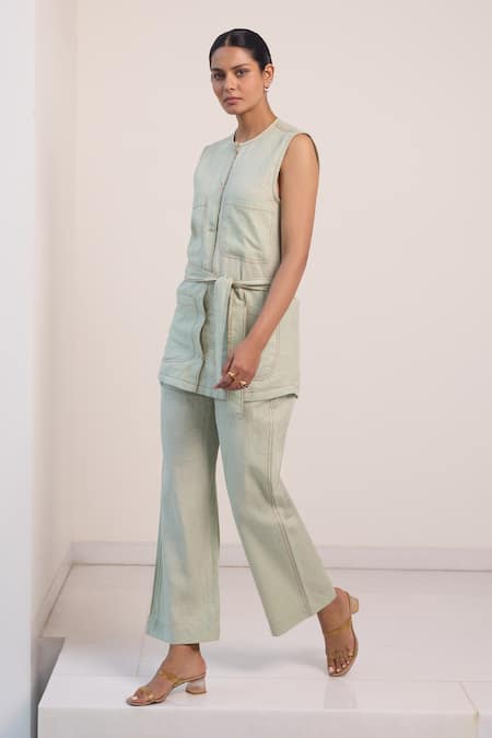 Shop Nirvanaa Sage Green Stitch Line Top & Pant Set 