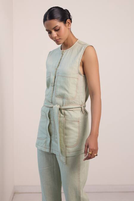 Shop Nirvanaa_Green Linen Embroidery Round Neck Sage Stitch Top And Pant Set _Online_at_Aza_Fashions