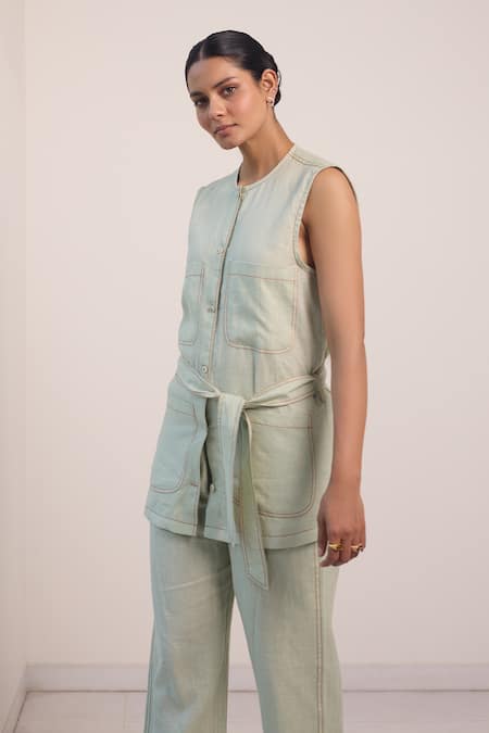 Buy_Shop Nirvanaa_Green Linen Embroidery Round Neck Sage Stitch Top And Pant Set _Online_at_Aza_Fashions