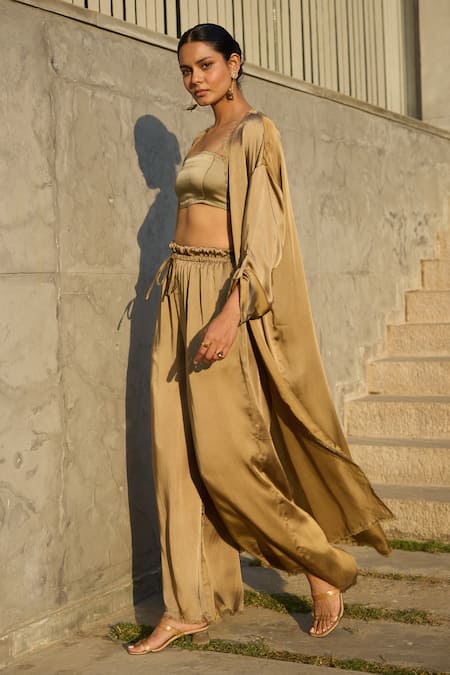 Shop Nirvanaa Gold Solid Fringed Cape Pant Set 