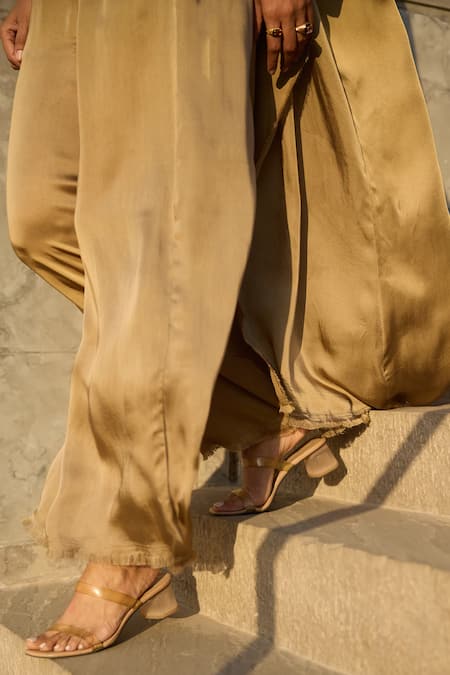 Shop Nirvanaa_Gold Bamboo Square Neck Solid Fringed Cape Pant Set _Online_at_Aza_Fashions