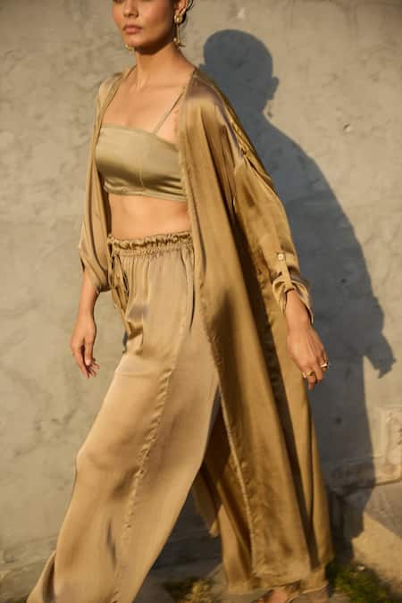 Buy_Shop Nirvanaa_Gold Bamboo Square Neck Solid Fringed Cape Pant Set _Online_at_Aza_Fashions