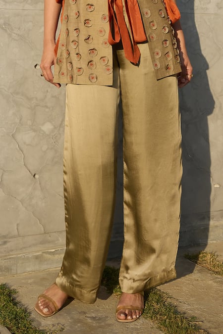 Shop Nirvanaa_Gold Bamboo Embroidery Open Neck Patchwork Slit Jacket And Flared Pant Set _Online_at_Aza_Fashions