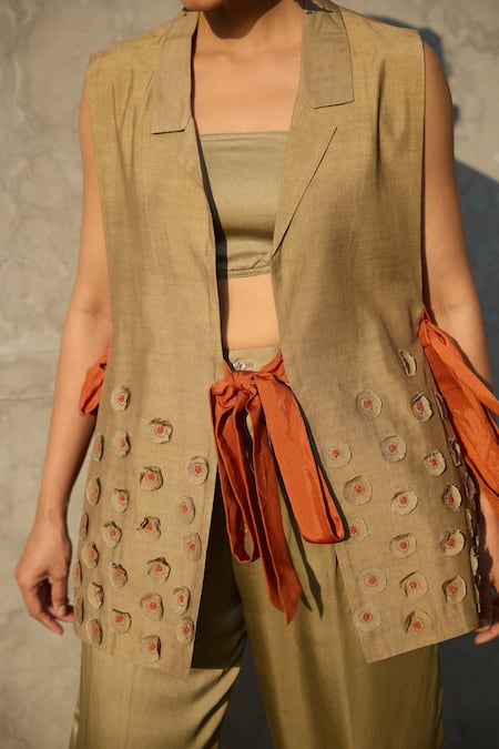 Shop_Shop Nirvanaa_Gold Bamboo Embroidery Open Neck Patchwork Slit Jacket And Flared Pant Set _Online_at_Aza_Fashions