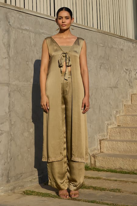 Shop Nirvanaa Gold Solid Long Jacket & Flared Pant Set 