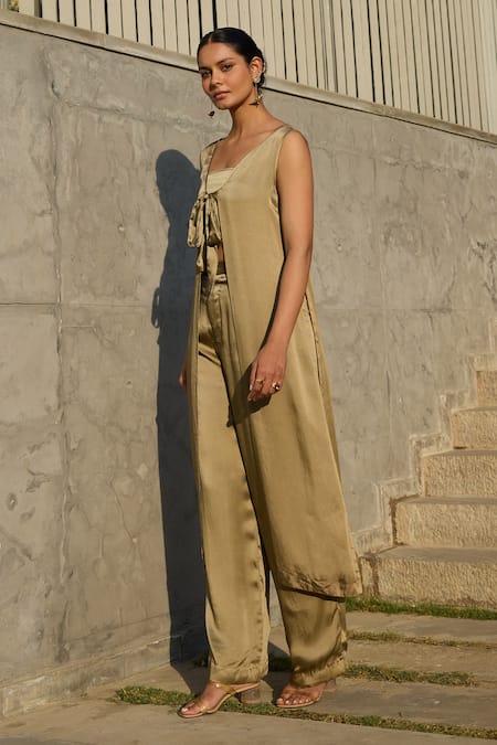 Shop Nirvanaa_Gold Bamboo V-neck Solid Long Jacket And Flared Pant Set _Online_at_Aza_Fashions