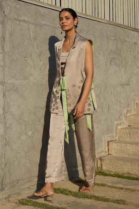 Buy_Shop Nirvanaa_Silver Bamboo Embroidery Collared Patchwork Tie-up Jacket _Online_at_Aza_Fashions