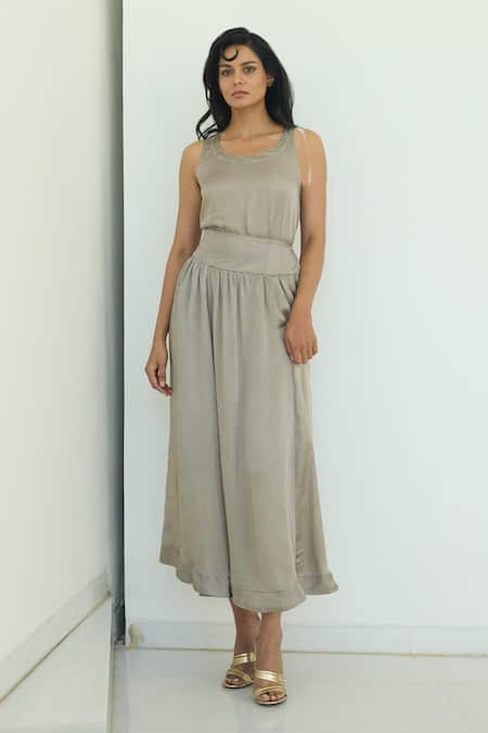 Shop Nirvanaa Silver Solid Pleated Midi Skirt 