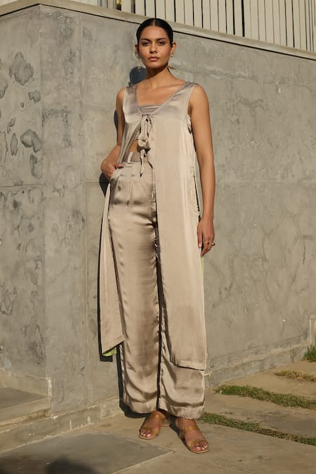 Shop Nirvanaa Silver Tie-Up Jacket With Flared Pant 