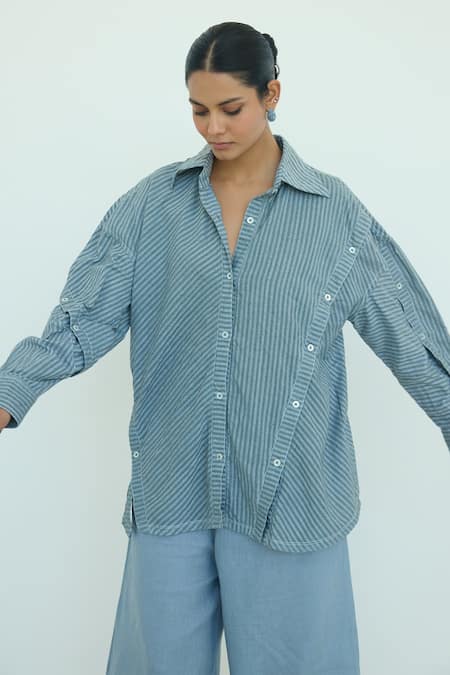 Shop Nirvanaa Blue Striped Button-Down Shirt 