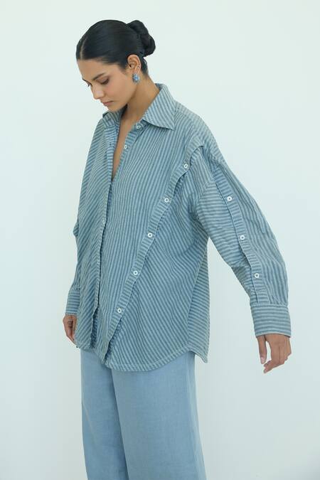 Shop Nirvanaa_Blue Cotton Striped Button-down Shirt _Online_at_Aza_Fashions