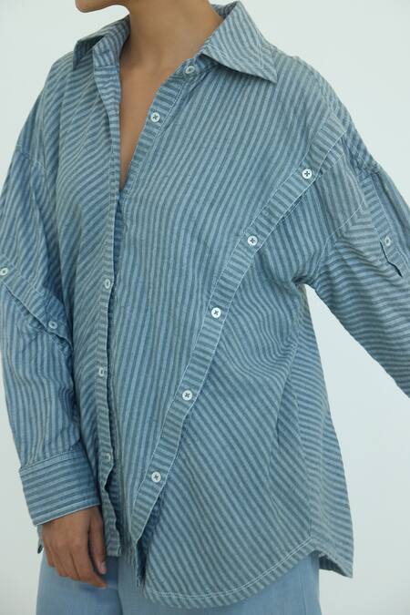 Buy_Shop Nirvanaa_Blue Cotton Striped Button-down Shirt _Online_at_Aza_Fashions