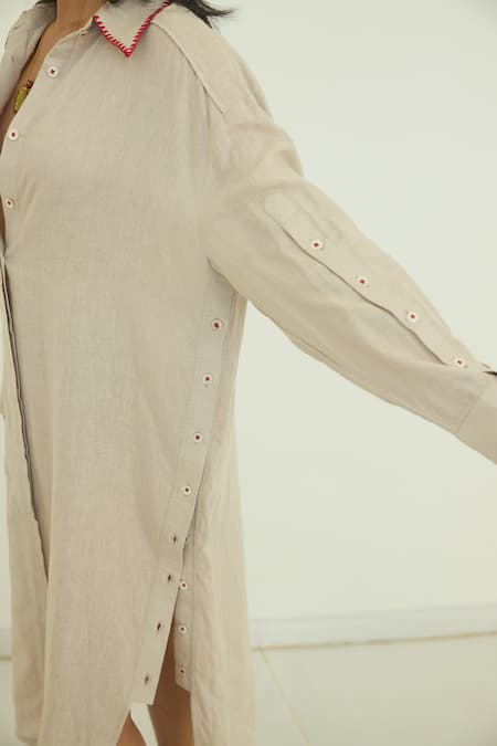 Shop Nirvanaa_Beige Linen Embroidery Shawl Neck Threadwork Shirt Dress _Online_at_Aza_Fashions
