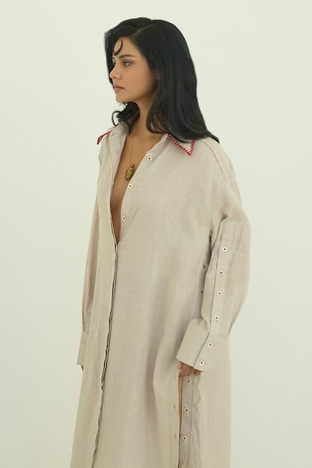 Buy_Shop Nirvanaa_Beige Linen Embroidery Shawl Neck Threadwork Shirt Dress _Online_at_Aza_Fashions