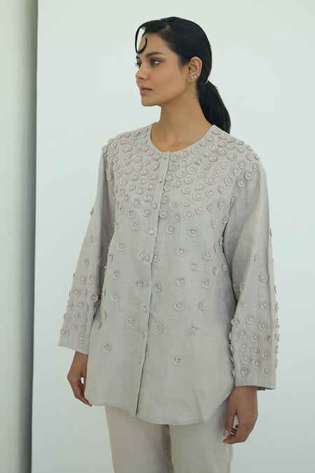 Shop Nirvanaa_Beige Linen Embroidery Round Neck Circle Patchwork Top _Online_at_Aza_Fashions