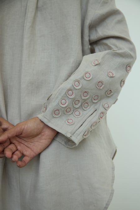 Buy_Shop Nirvanaa_Beige Linen Embroidery Round Neck Circle Patchwork Top _Online_at_Aza_Fashions