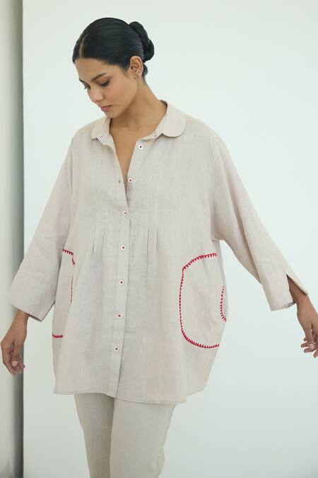 Shop Nirvanaa Beige Linen Embroidery Threadwork Shirt Online at Aza Fashions Shop Nirvanaa_Beige Linen Embroidery Threadwork Shirt _Online_at_Aza_Fashions