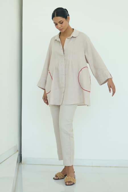 Buy Shop Nirvanaa Beige Linen Embroidery Threadwork Shirt Online at Aza Fashions Buy_Shop Nirvanaa_Beige Linen Embroidery Threadwork Shirt _Online_at_Aza_Fashions