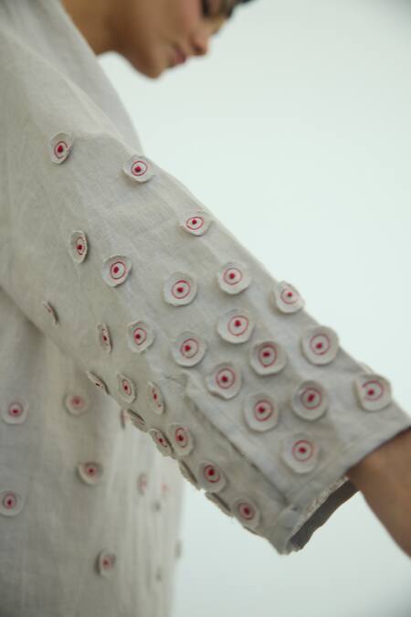Shop Nirvanaa_Beige Linen Embroidery Round Neck High-low Patchwork Top _Online_at_Aza_Fashions